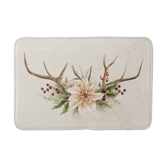 Antique White Elegant Poinsettia & Antlers Bath Mat (Front)