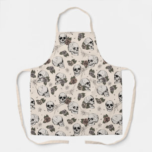 Antique White Gothic Skulls and Roses Floral Apron
