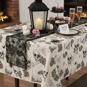 Antique White Gothic Skulls and Roses Halloween Tablecloth