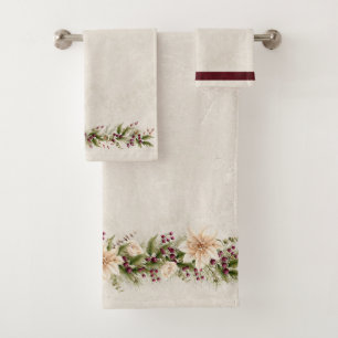 Antique White Poinsettia with Christmas Greenery Bath Towel Set