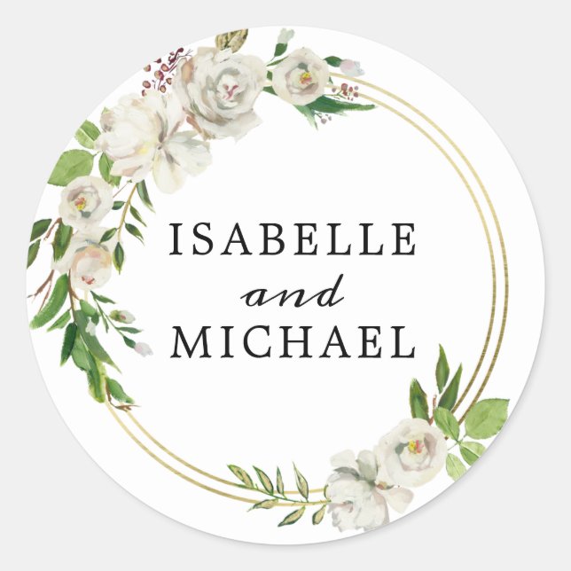 Antique White Rose Floral and Gold Wedding Classic Round Sticker (Front)