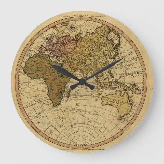 Antique William Faden 1786 Eastern Hemisphere Map Large Clock (Front)