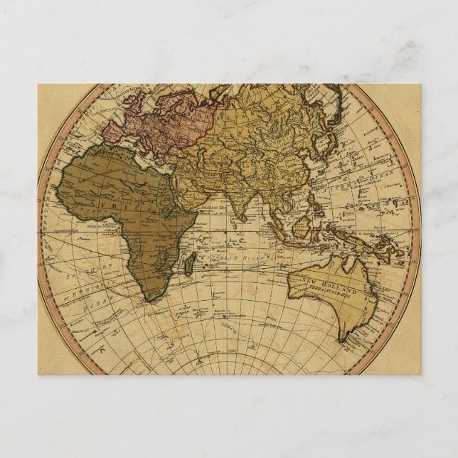 Antique William Faden 1786 Eastern Hemisphere Map Postcard (Front)