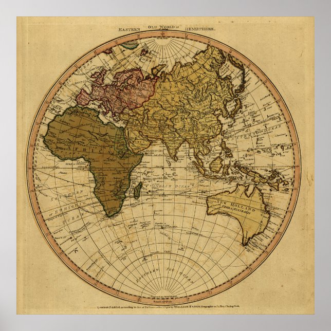 Antique William Faden 1786 Eastern Hemisphere Map Poster (Front)