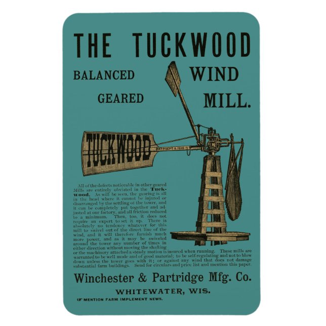 Antique Wind Mill The Tuckwood Whitewater Wis 1889 Magnet (Vertical)