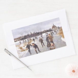 Antique Winter Ice Skating Scene Village Fine Art Sticker