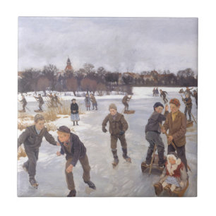 Antique Winter Ice Skating Scene Village Fine Art Tile