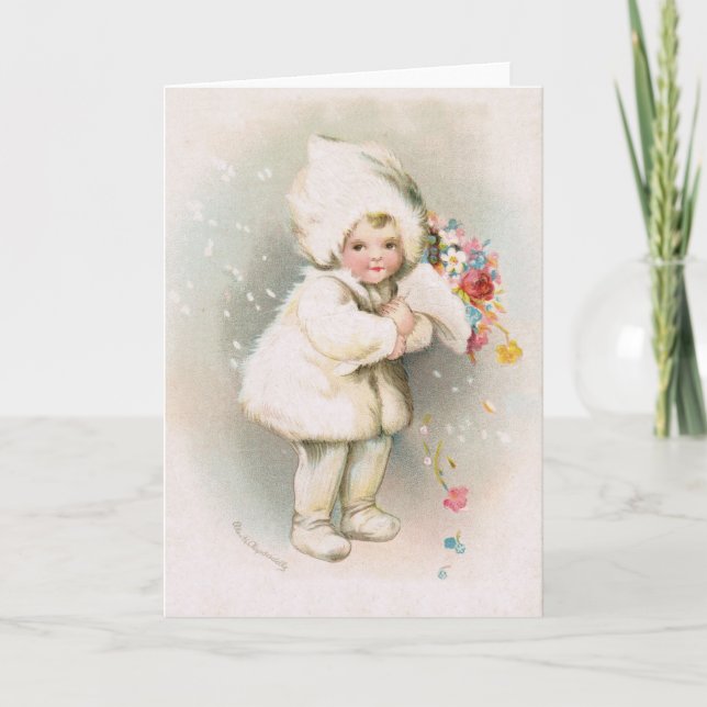 Antique Winter Snow Baby & Flowers Greeting Card (Front)