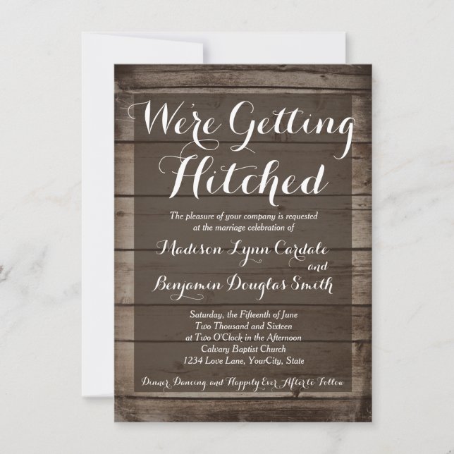 Antique Wood Getting Hitched Wedding Invitations (Front)