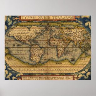Antique world map 1500s vintage illustration art poster