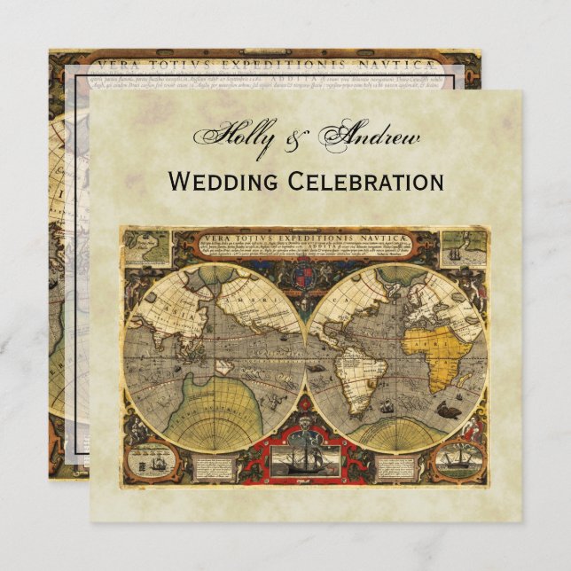 Antique World Map #2, Distressed BG #3 SQ Wedding Invitation (Front/Back)