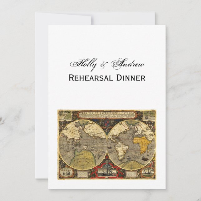 Antique World Map #2, DIY White BG V Rehearsal Din Invitation (Front)