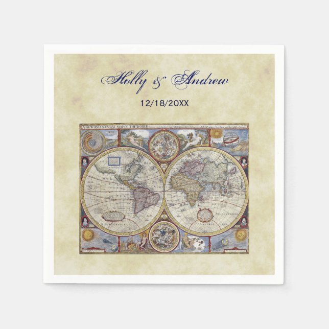 Antique World Map #3, Distressed BG #3 Napkin (Front)