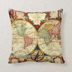 Antique World Map Art Vintage Style Decorator Throw Pillow
