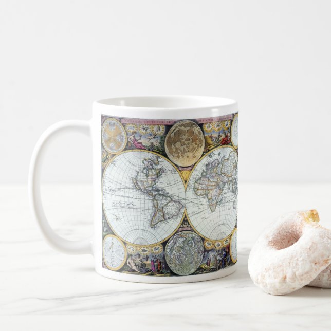 Antique World Map, Atlas Maritimus by John Seller Coffee Mug (With Donut)