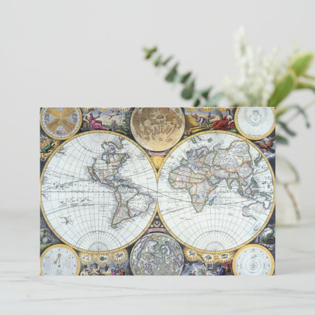 Antique World Map, Atlas Maritimus by John Seller Invitation (Standing Front)