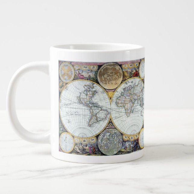 Antique World Map, Atlas Maritimus by John Seller Large Coffee Mug (Left)