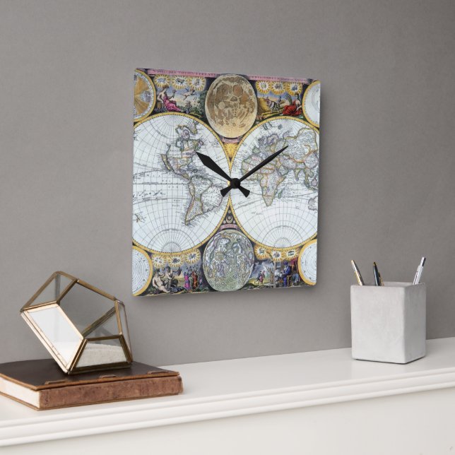 Antique World Map, Atlas Maritimus by John Seller Square Wall Clock (Office)