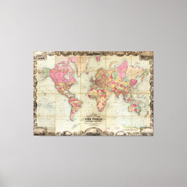 Antique World Map by John Colton, circa 1854 Canvas Print (Front)
