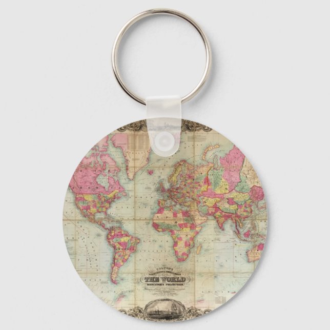 Antique World Map by John Colton, circa 1854 Keychain (Front)