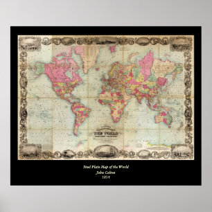 Antique World Map by John Colton, circa 1854 Poster