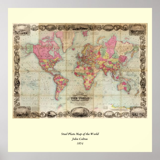 Antique World Map by John Colton, circa 1854 Poster (Front)