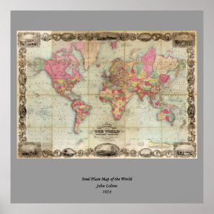 Antique World Map by John Colton, circa 1854 Poster