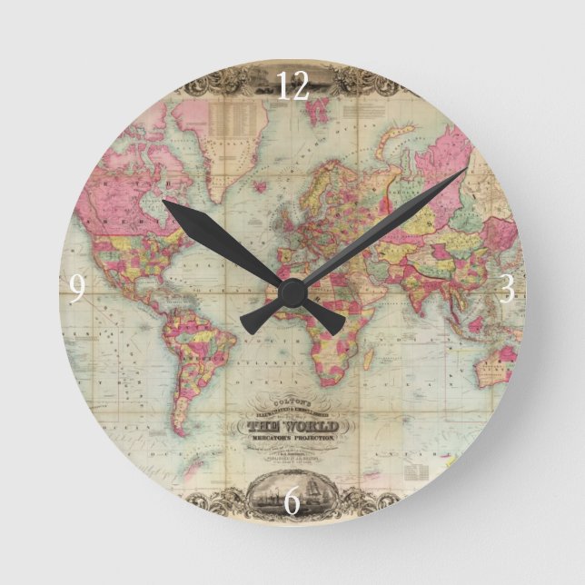 Antique World Map by John Colton, circa 1854 Round Clock (Front)