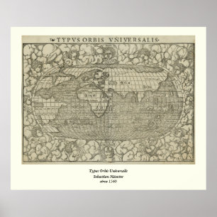 Antique World Map by Sebastian Münster circa 1560 Poster