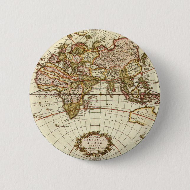 Antique World Map, c. 1680. By Frederick de Wit 2 Inch Round Button (Front)