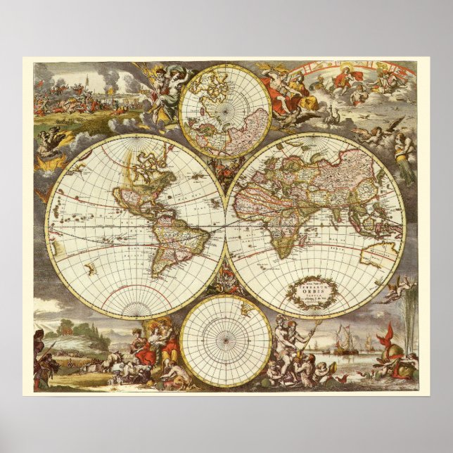 Antique World Map, c. 1680. By Frederick de Wit Poster (Front)