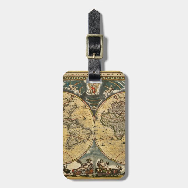 Antique World Map Distressed #2 Luggage Tag (Front Vertical)