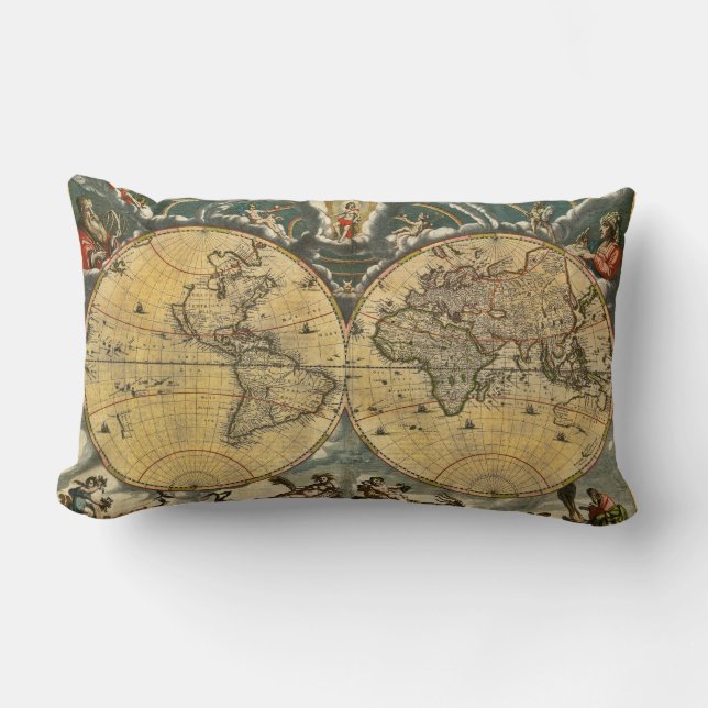 Antique World Map Distressed #2 Lumbar Pillow (Front)
