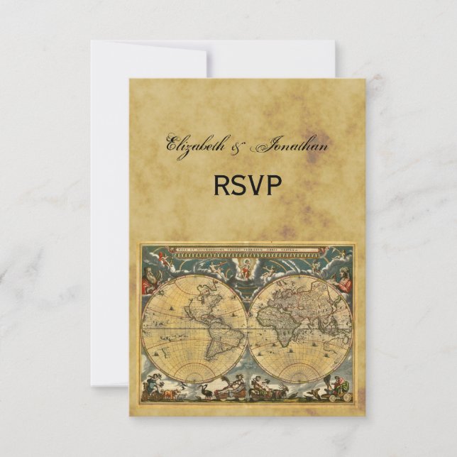 Antique World Map, Distressed BG RSVP Card (Front)