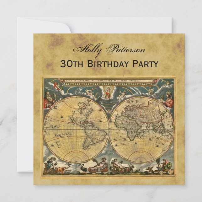 Antique World Map, Distressed BG SQ Birthday Invitation (Front)