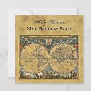 Antique World Map, Distressed BG SQ Birthday Invitation