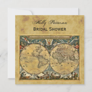 Antique World Map, Distressed BG SQ Bridal Shower Invitation