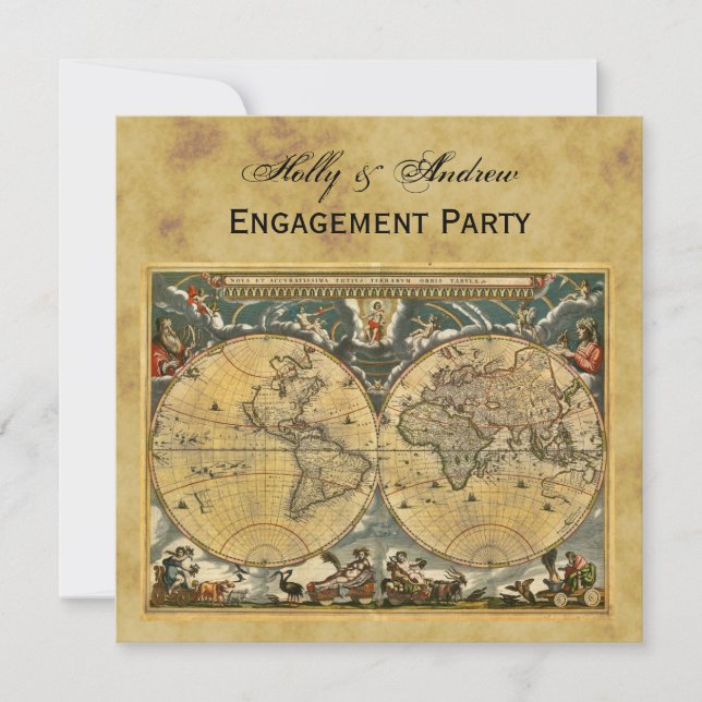 Antique World Map, Distressed BG SQ Engagement Invitation (Front)