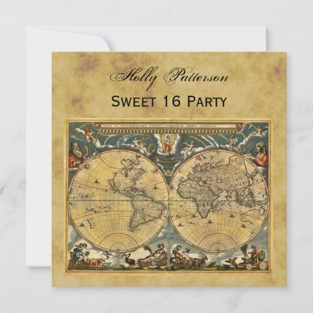 Antique World Map, Distressed BG SQ Sweet 16 Invitation (Front)