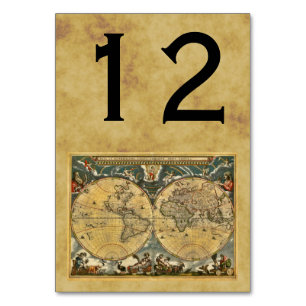 Antique World Map, Distressed BG Table Number