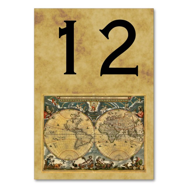 Antique World Map, Distressed BG Table Number (Front)