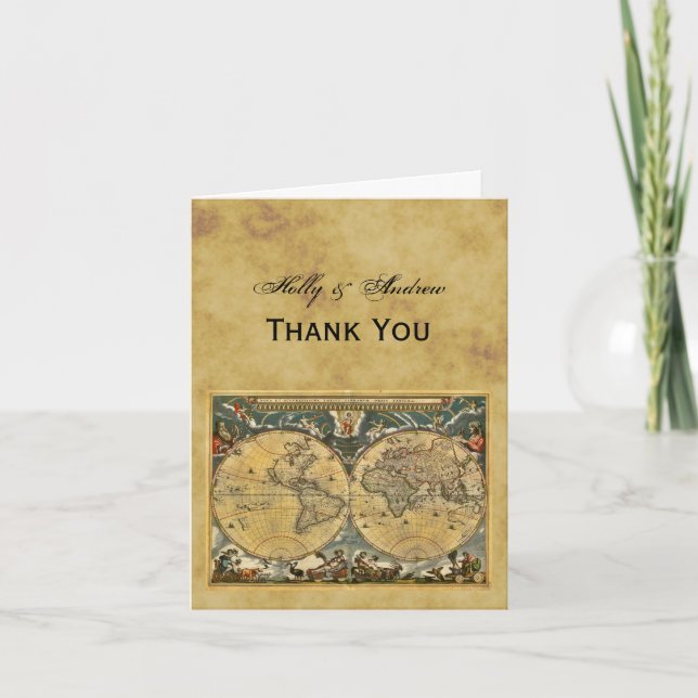 Antique World Map, Distressed BG Thank You Card (Front)