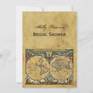 Antique World Map, Distressed BG V Bridal Shower Invitation