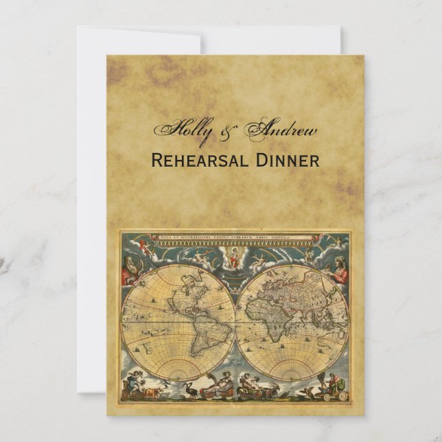 Antique World Map, Distressed BG V Rehearsal Din Invitation (Front)