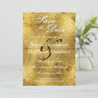 Antique World Map Faux Gold Foil Customizable Save The Date