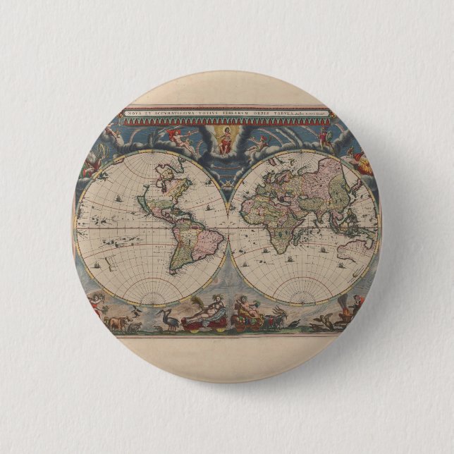 Antique World Map: Historical Cartography Art 2 Inch Round Button (Front)