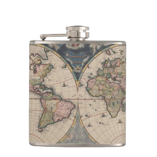Antique World Map: Historical Cartography Art Hip Flask