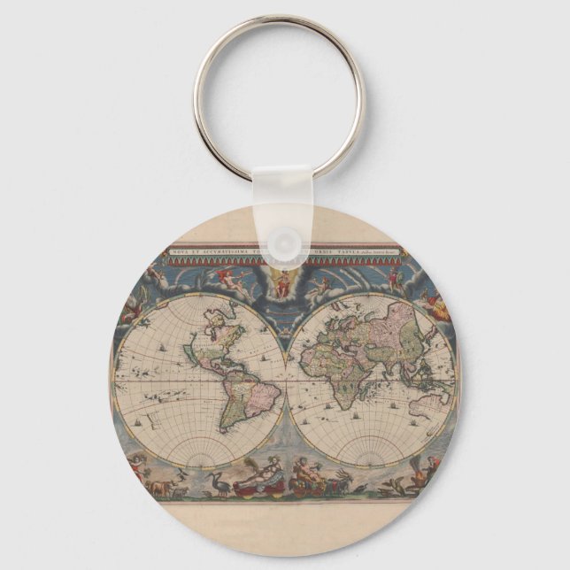 Antique World Map: Historical Cartography Art Keychain (Front)
