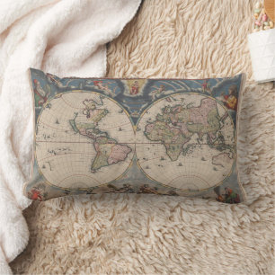 Antique World Map: Historical Cartography Art Lumbar Pillow