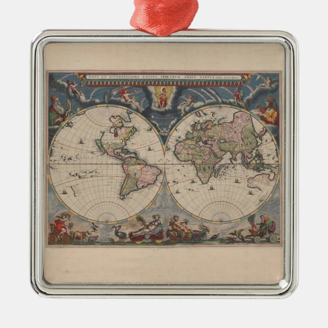 Antique World Map: Historical Cartography Art Metal Ornament (Front)